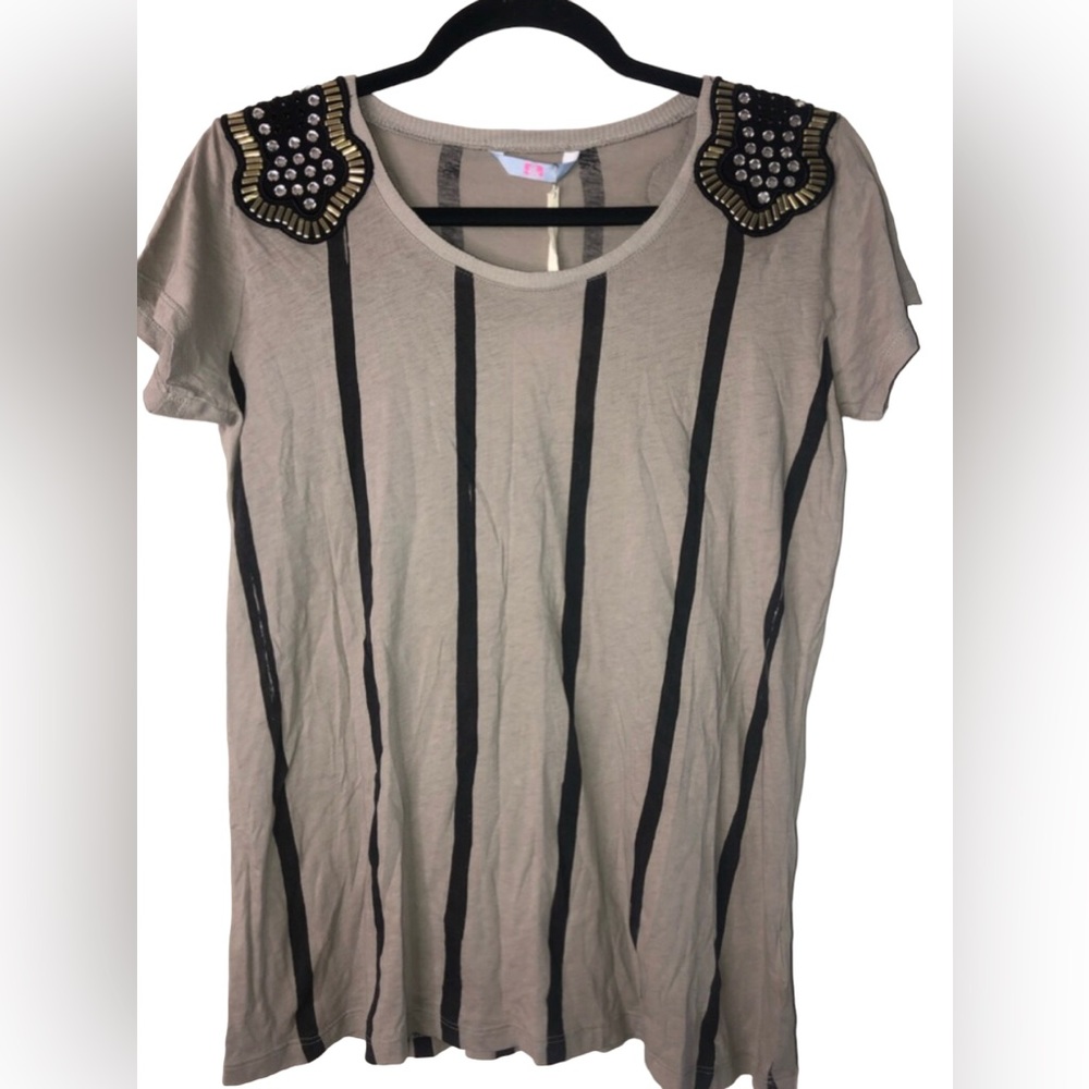 NEW Sass & Bide Lightweight Gray/ Tan Striped Beaded Shoulder Tee Size Small